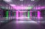 Photo of a server room with purple and green lights.