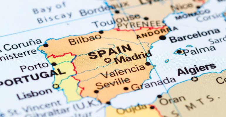 Close up of a world map with Spain in focus