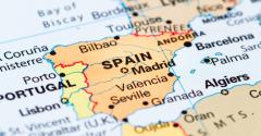 Close up of a world map with Spain in focus
